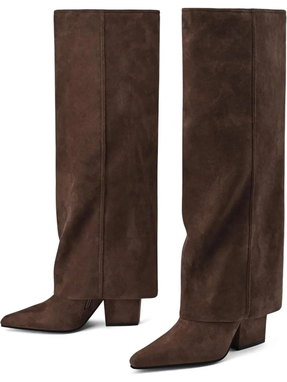 Women's Brown Block Low Heels Knee High Fold Over Pointed Toe Shark Tall Boots